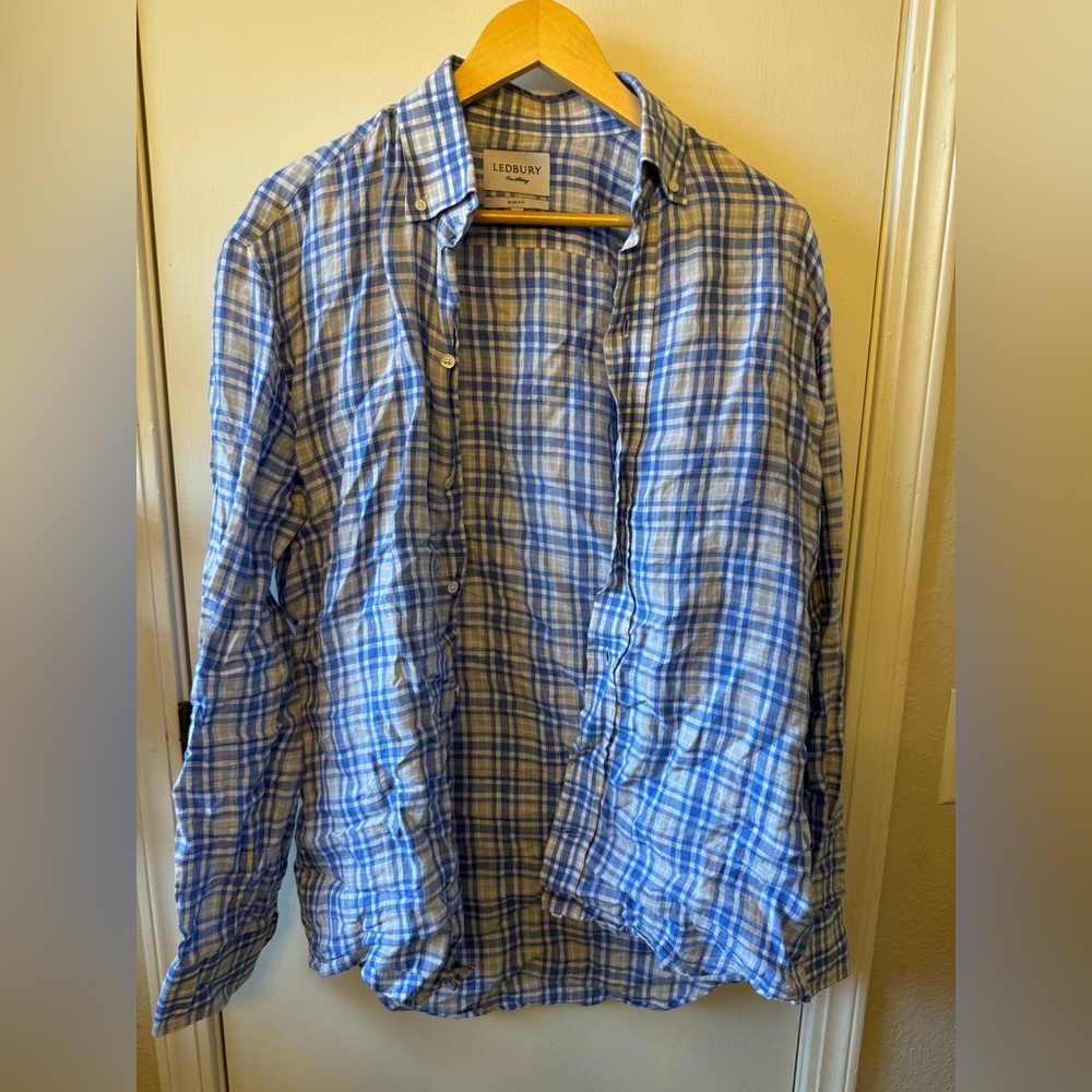 Ledbury 100% Linen Dress Shirt Slim 15 1/2 Pearl Buttons